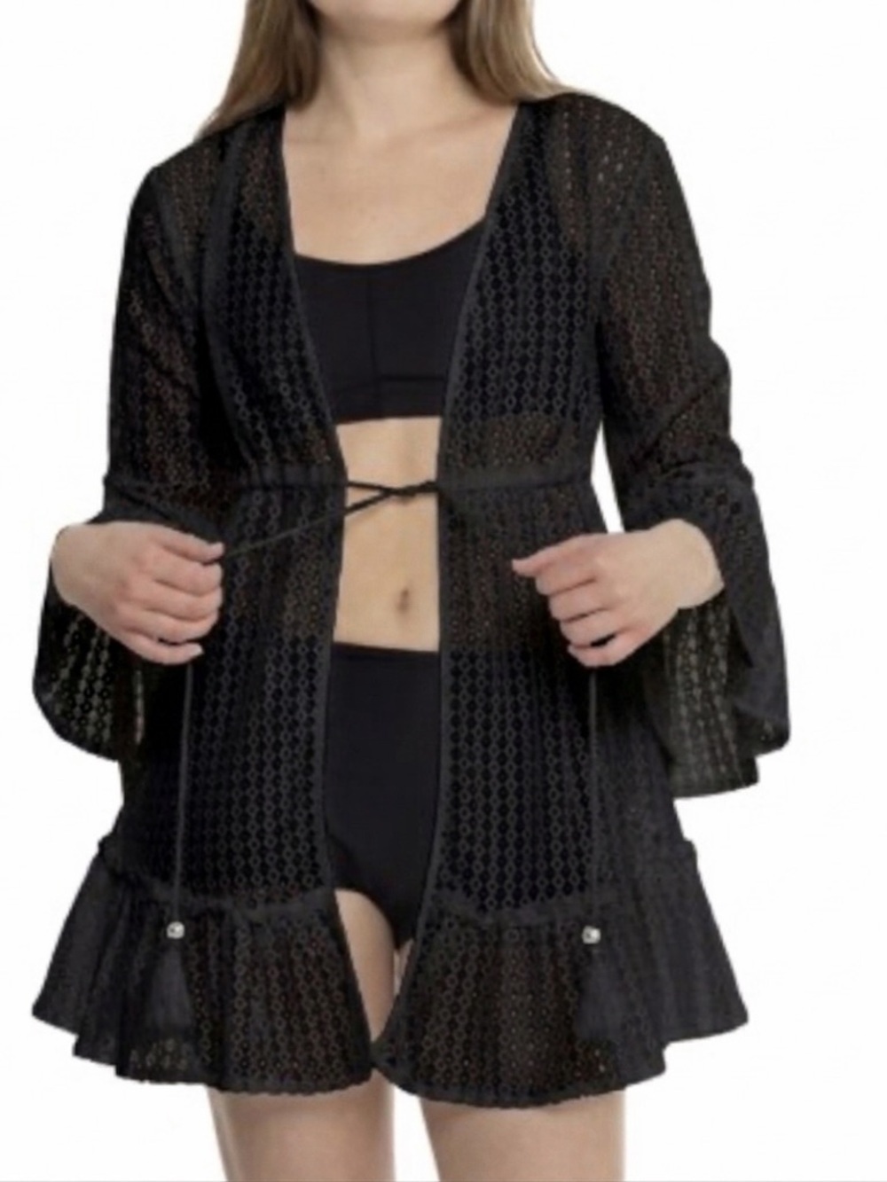 Turks & Caicos Black Sheer Crochet Tie-Front Cover-Up